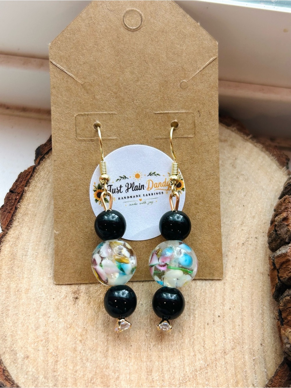 Handmade Confetti Glass Bead Dangle Earrings Boho Black Gold NWT